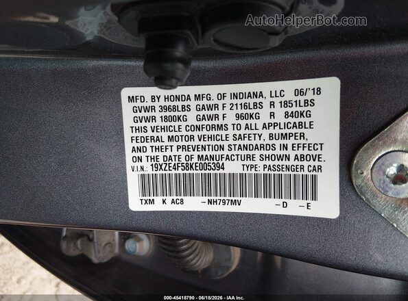 19XZE4F58KE005394 2019 HONDA INSIGHT Gray Widok komory silnika