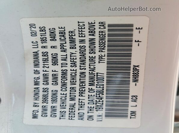 19XZE4F58LE010077 2020 HONDA INSIGHT White Engine compartment view