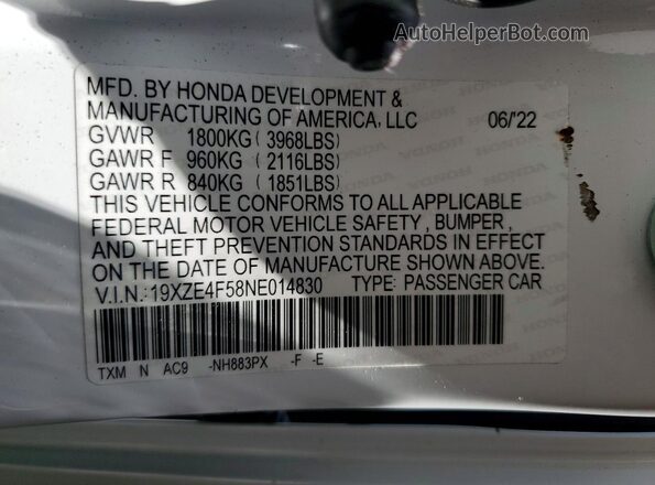 19XZE4F58NE014830 2022 HONDA INSIGHT White Vista del compartimento del motor