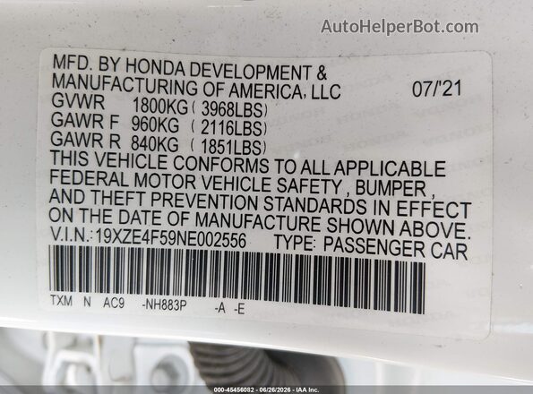 19XZE4F59NE002556 2022 HONDA INSIGHT White Вид підкапотного простору
