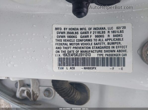 19XZE4F5XLE011313 2020 HONDA INSIGHT White Engine compartment view