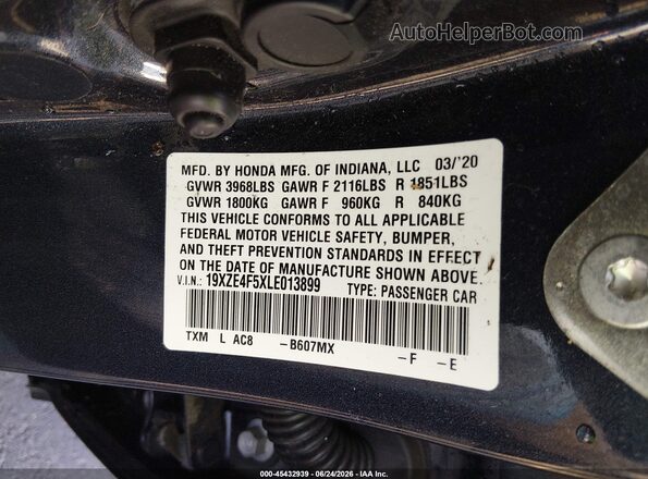 19XZE4F5XLE013899 2020 HONDA INSIGHT Blue Вид підкапотного простору
