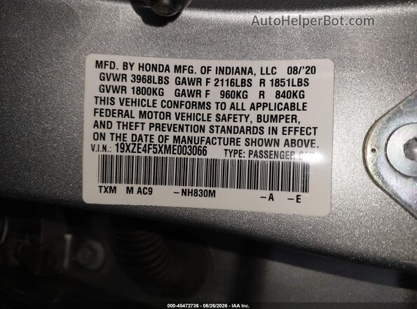 19XZE4F5XME003066 2021 HONDA INSIGHT Серый Вид подкапотного пространства