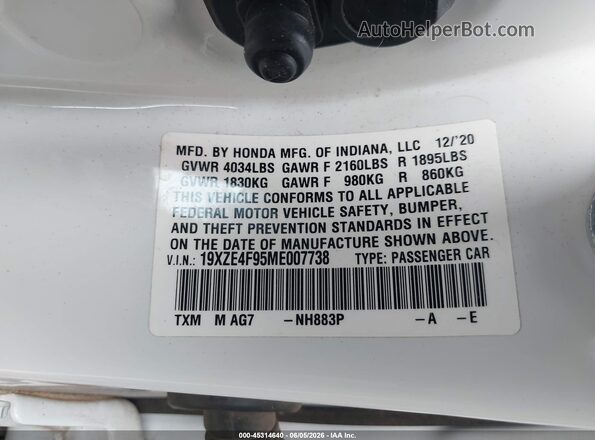 19XZE4F95ME007738 2021 HONDA INSIGHT Белый Вид подкапотного пространства