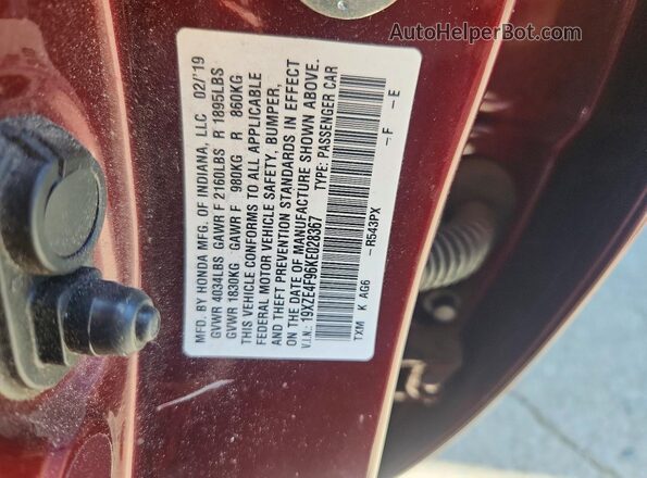 19XZE4F96KE028367 2019 HONDA INSIGHT Maroon Вид наклейки з VIN-кодом