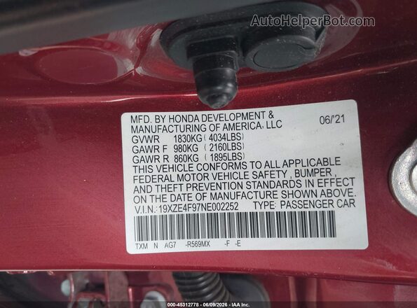 19XZE4F97NE002252 2022 HONDA INSIGHT Red ძრავის განყოფილების ხედი