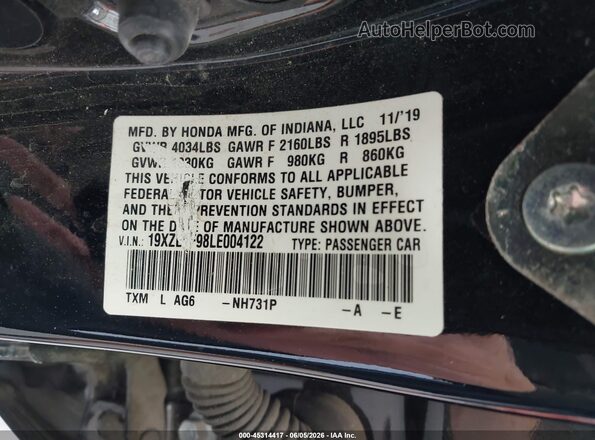 19XZE4F98LE004122 2020 HONDA INSIGHT Black Вид підкапотного простору