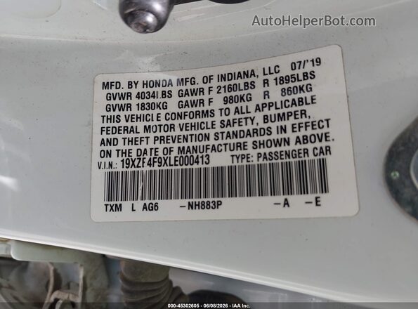 19XZE4F9XLE000413 2020 HONDA INSIGHT White Widok komory silnika