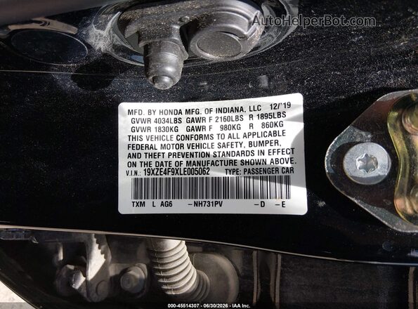 19XZE4F9XLE005062 2020 HONDA INSIGHT Black ძრავის განყოფილების ხედი