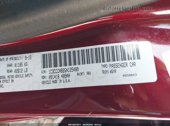 1C3CCCAB2GN125489 2016 CHRYSLER 200 Бордовый Вид подкапотного пространства