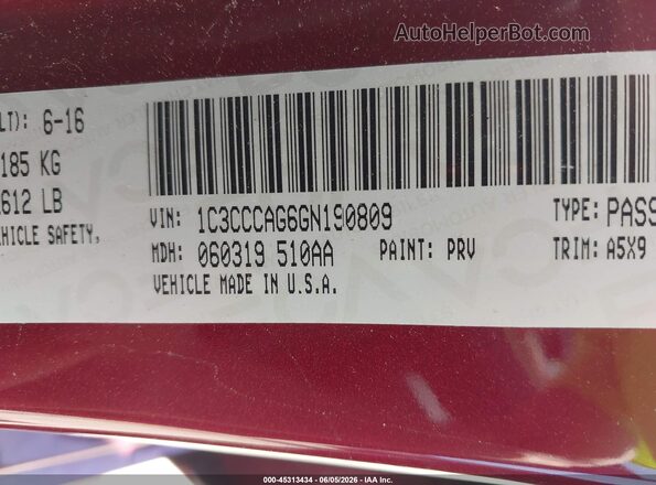 1C3CCCAG6GN190809 2016 CHRYSLER 200 Red Vista del compartimento del motor