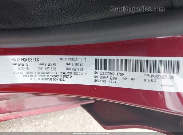 1C3CCCCBXGN147169 2016 CHRYSLER 200 Burgundy ძრავის განყოფილების ხედი