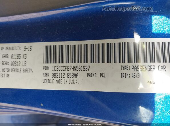 1C3CCCFB7HN501937 2017 CHRYSLER 200 Синий Вид подкапотного пространства