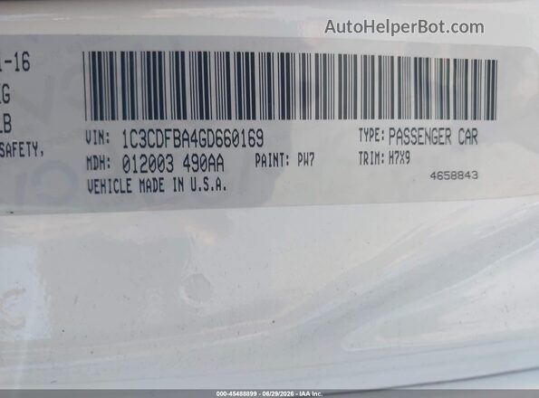 1C3CDFBA4GD660169 2016 DODGE DART White Widok komory silnika