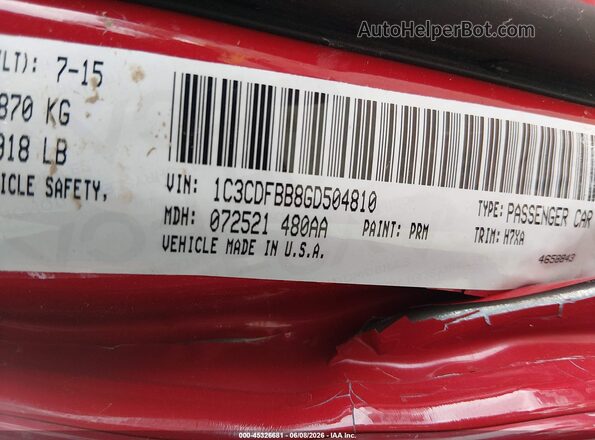 1C3CDFBB8GD504810 2016 DODGE DART Красный Вид подкапотного пространства