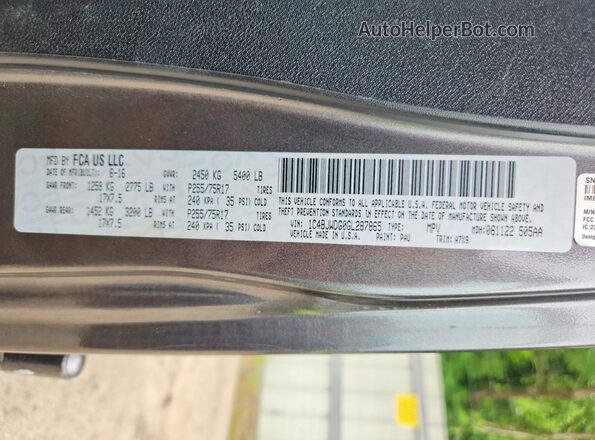 1C4BJWDG0GL287865 2016 JEEP WRANGLER Gray VIN sticker view