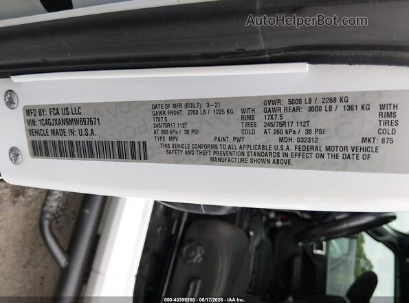 1C4GJXAN9MW697671 2021 JEEP WRANGLER White Vista del compartimento del motor
