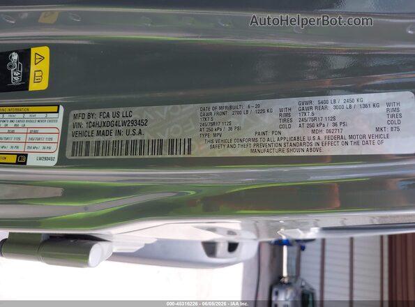 1C4HJXDG4LW293452 2020 JEEP WRANGLER UNLIMITED Gray ძრავის განყოფილების ხედი