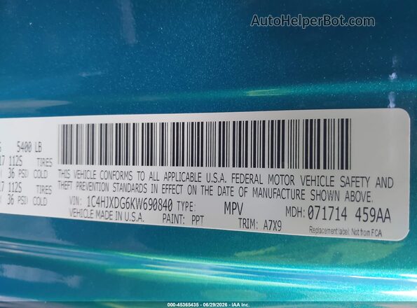 1C4HJXDG6KW690840 2019 JEEP WRANGLER UNLIMITED Turquoise Vista del compartimento del motor