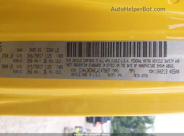 1C4HJXDN0LW147807 2020 JEEP WRANGLER UNLIMITED Yellow Вид підкапотного простору