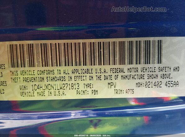1C4HJXDN1LW271813 2020 JEEP WRANGLER UNLIMITED Blue Vista del compartimento del motor