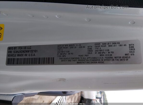1C4HJXDN2NW132101 2022 JEEP WRANGLER UNLIMITED White Engine compartment view