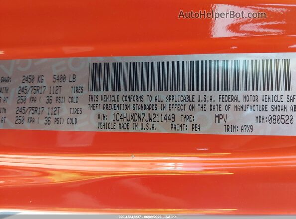 1C4HJXDN7JW211449 2018 JEEP WRANGLER UNLIMITED Orange ძრავის განყოფილების ხედი
