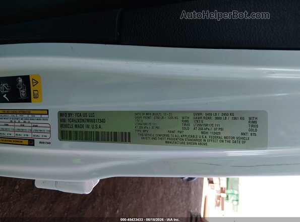 1C4HJXDN7MW817340 2021 JEEP WRANGLER UNLIMITED White Вид підкапотного простору