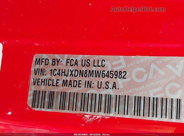 1C4HJXDN8MW645982 2021 JEEP WRANGLER UNLIMITED Red Շարժիչի բաժամունքի տեսք