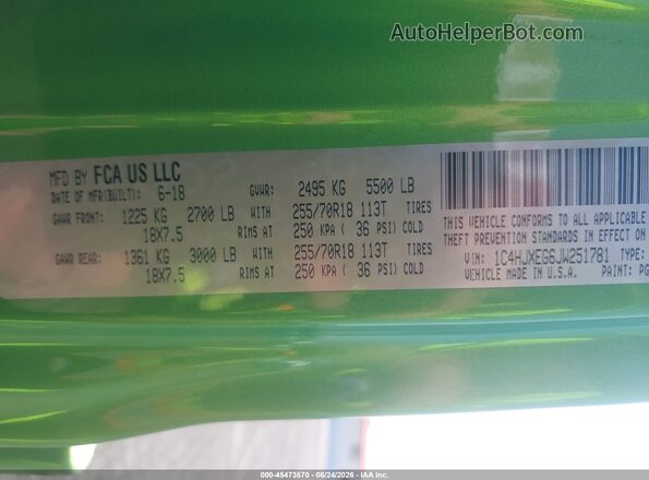 1C4HJXEG6JW251781 2018 JEEP WRANGLER UNLIMITED Green Vista del compartimento del motor