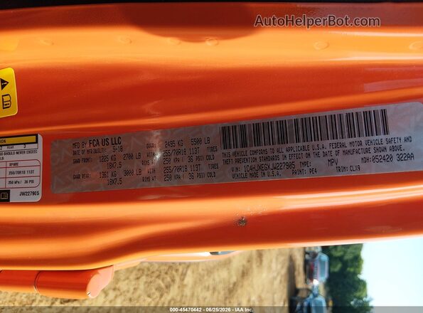 1C4HJXEGXJW227905 2018 JEEP WRANGLER UNLIMITED Orange Вид наклейки з VIN-кодом