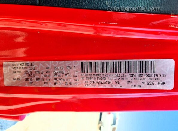 1C4HJXEN8LW213941 2020 JEEP WRANGLER Red VIN კოდის სტიკერის ხედი