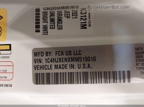 1C4HJXENXMW519010 2021 JEEP WRANGLER UNLIMITED Белый Вид подкапотного пространства