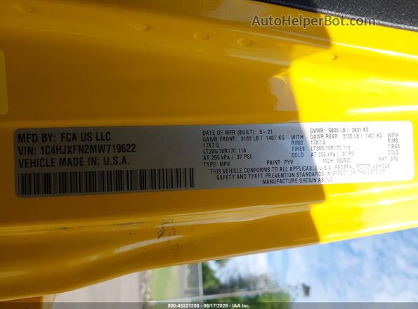 1C4HJXFN2MW719622 2021 JEEP WRANGLER UNLIMITED Yellow Շարժիչի բաժամունքի տեսք