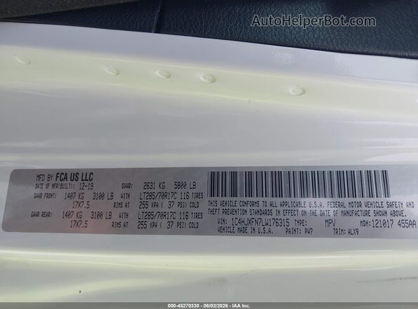 1C4HJXFN7LW176315 2020 JEEP WRANGLER UNLIMITED White Вид підкапотного простору