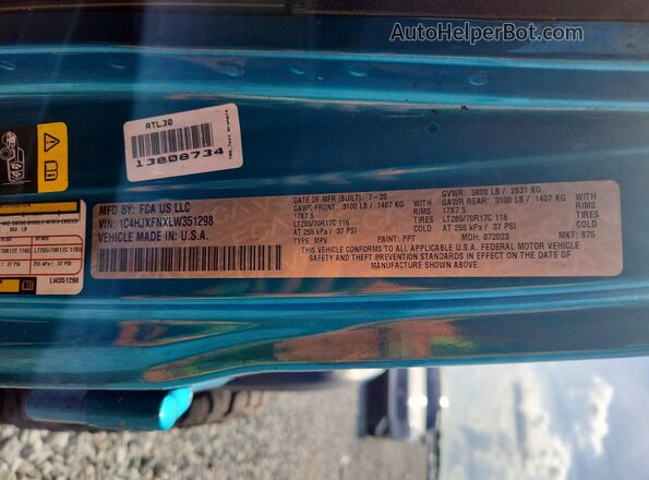 1C4HJXFNXLW351298 2020 JEEP WRANGLER Turquoise Вид підкапотного простору