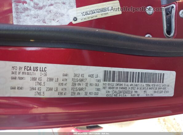 1C4NJCBA7GD665510 2016 JEEP COMPASS Red Engine compartment view