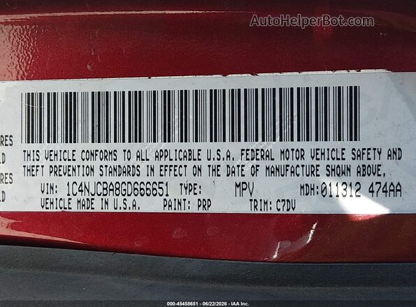 1C4NJCBA8GD666651 2016 JEEP COMPASS Бордовый Вид подкапотного пространства