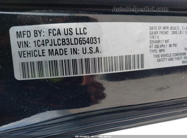1C4PJLCB3LD654031 2020 JEEP CHEROKEE Black Вид підкапотного простору