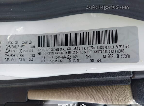 1C4PJLCS0HW644102 2017 JEEP CHEROKEE White Շարժիչի բաժամունքի տեսք