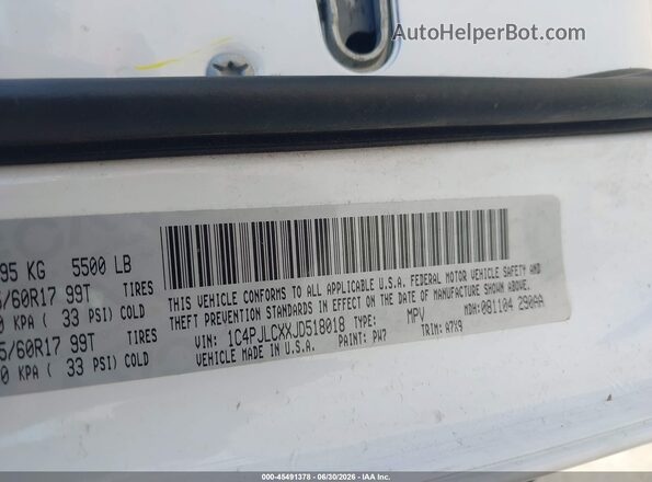 1C4PJLCXXJD518018 2018 JEEP CHEROKEE White Вид підкапотного простору