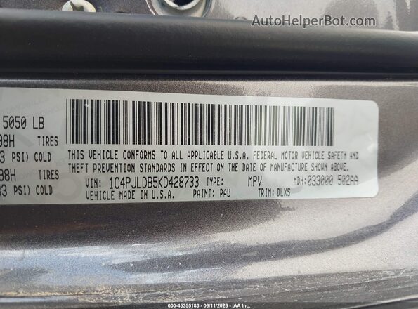 1C4PJLDB5KD428733 2019 JEEP CHEROKEE Gray Vista del compartimento del motor