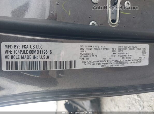 1C4PJLDX0MD119816 2021 JEEP CHEROKEE Gray ძრავის განყოფილების ხედი