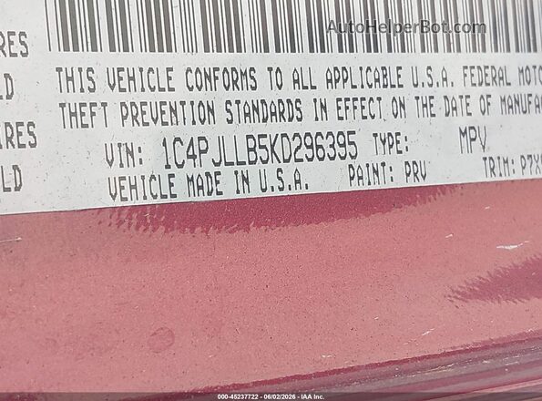1C4PJLLB5KD296395 2019 JEEP CHEROKEE Maroon Շարժիչի բաժամունքի տեսք