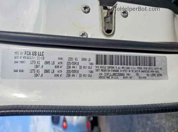 1C4PJLLB8KD338803 2019 JEEP CHEROKEE Белый Вид наклейки с VIN-кодом