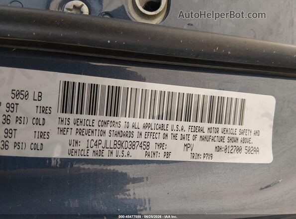 1C4PJLLB9KD387458 2019 JEEP CHEROKEE Dark Blue Շարժիչի բաժամունքի տեսք