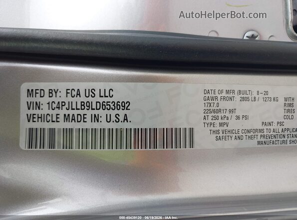 1C4PJLLB9LD653692 2020 JEEP CHEROKEE Silver Widok komory silnika
