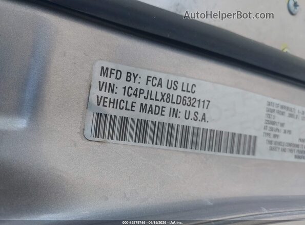 1C4PJLLX8LD632117 2020 JEEP CHEROKEE Silver Вид підкапотного простору