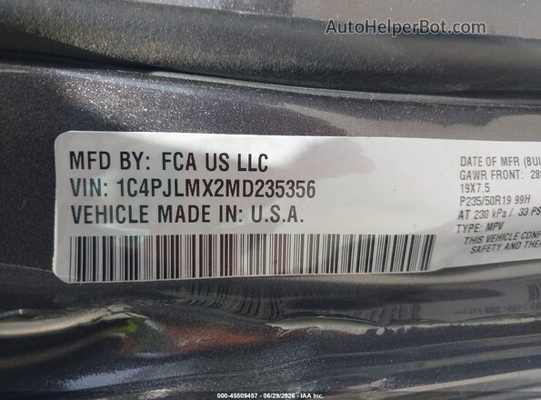 1C4PJLMX2MD235356 2021 JEEP CHEROKEE Серый Вид подкапотного пространства