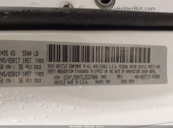 1C4PJMBN7LD537800 2020 JEEP CHEROKEE Белый Вид подкапотного пространства